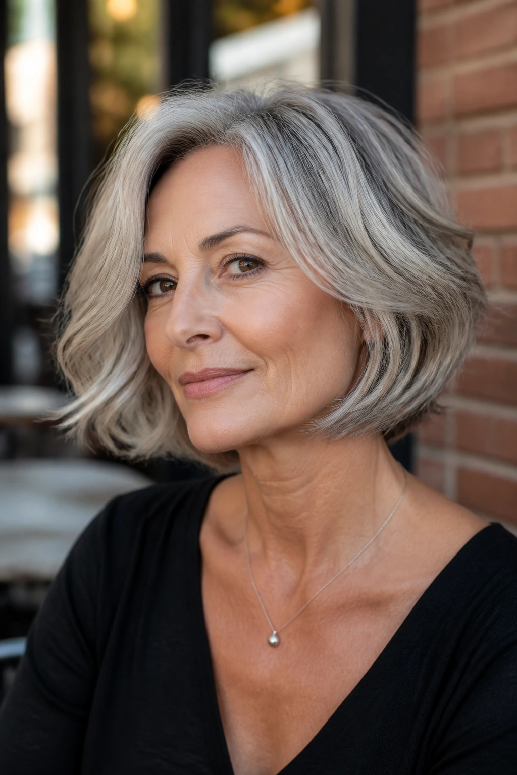 Real woman with graduated bob and cheekbone lift on urban sidewalk