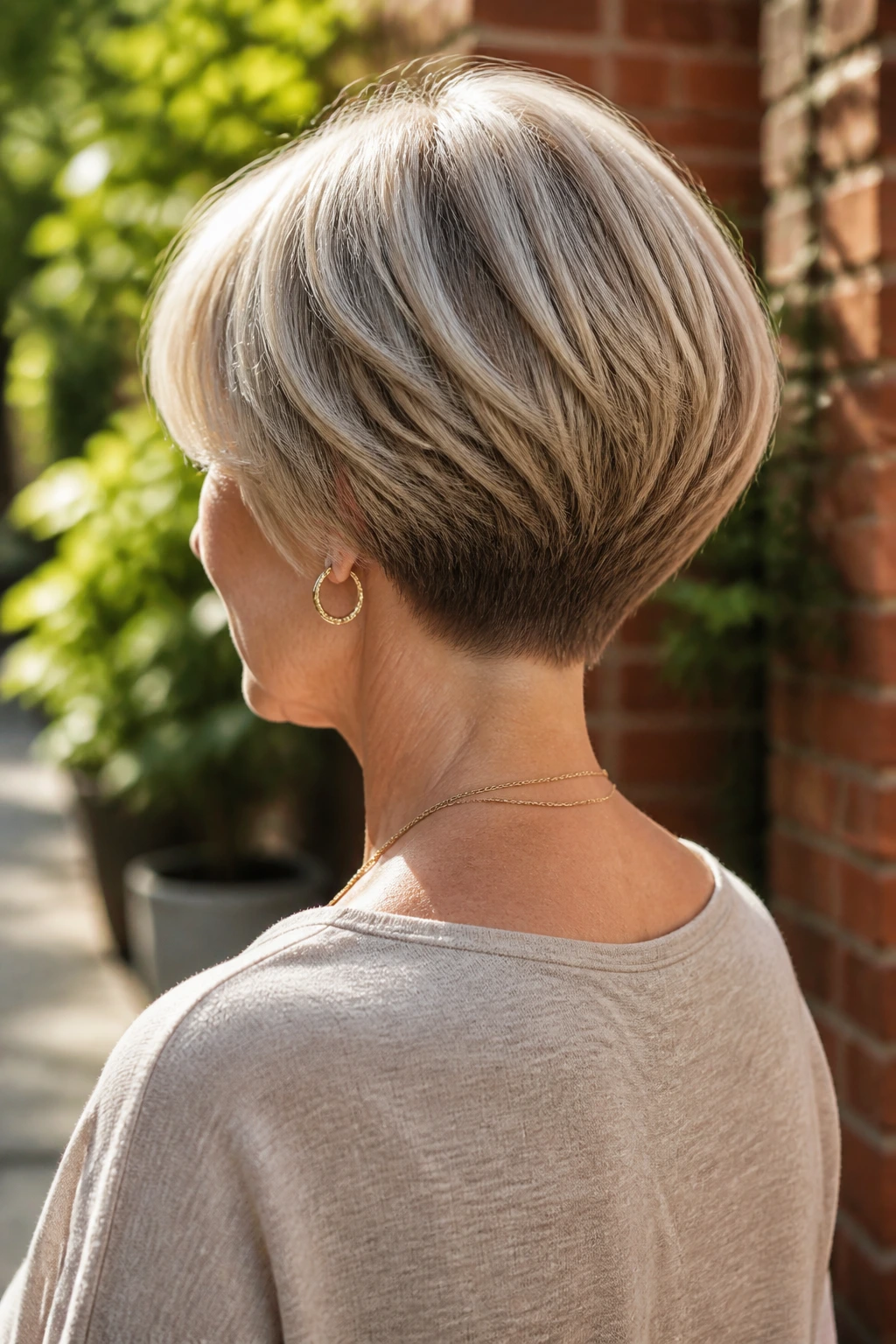 Real woman with graduated bob and clean nape seen from behind