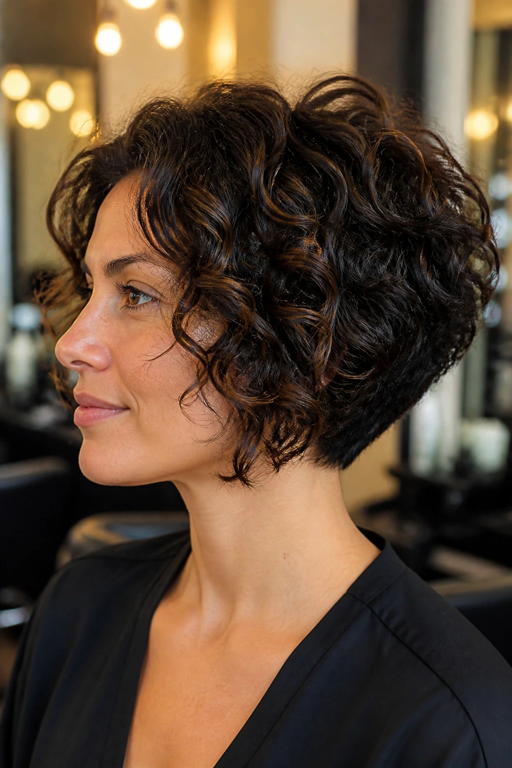 Close-up portrait of a real woman with a graduated bob showing lift at the nape and longer front on thick curls