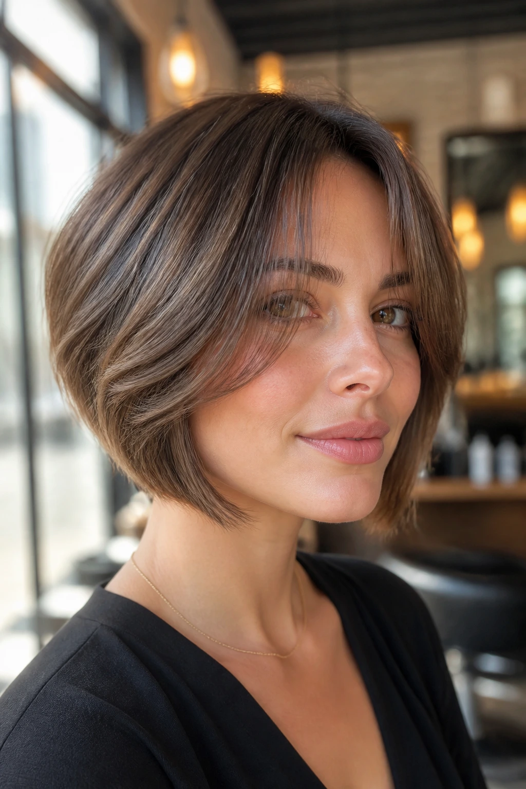 Close-up portrait of a real woman with a graduated bob and long curtain bangs in a sunlit salon