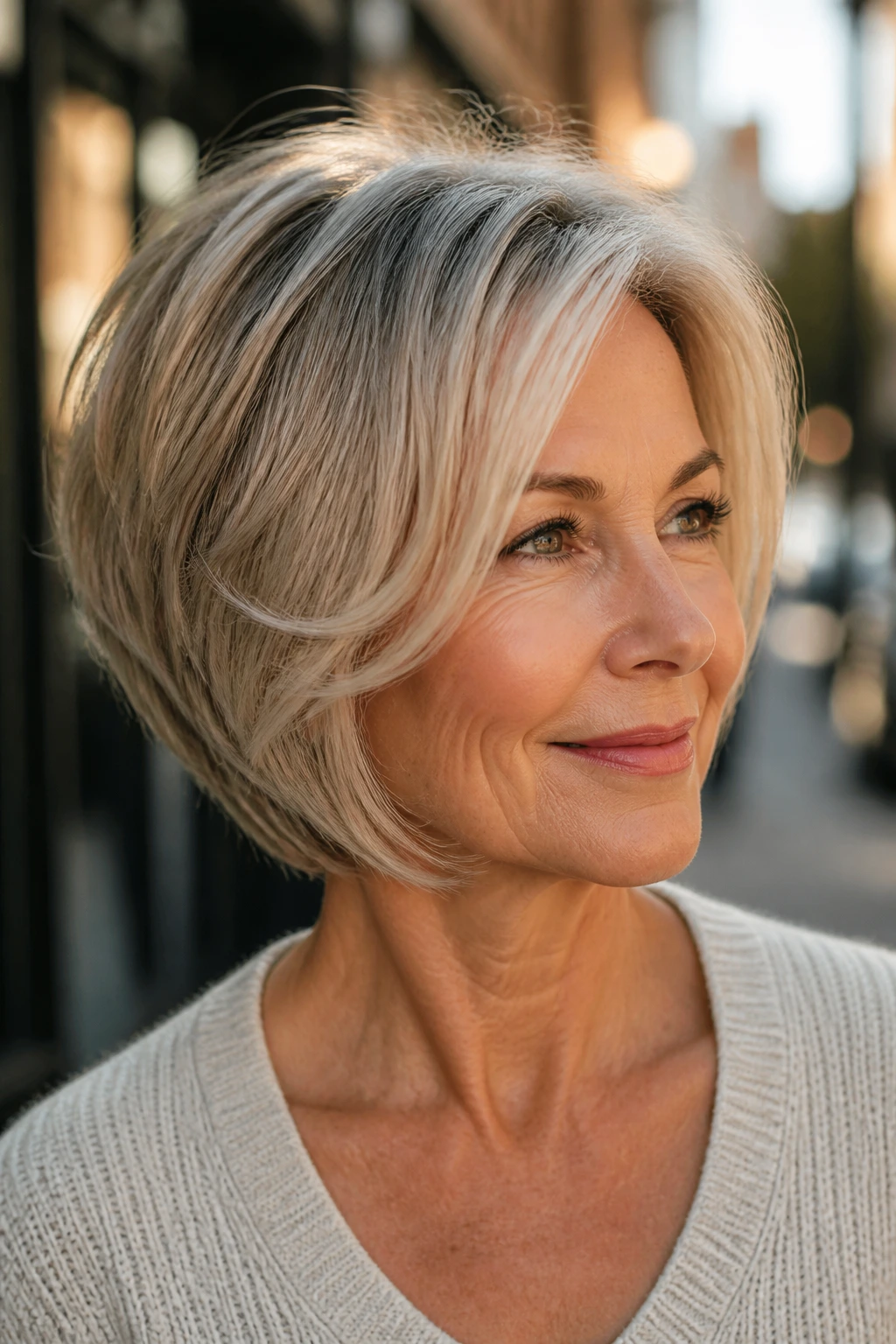 Close-up of a real woman with a graduated bob and face-framing layers.