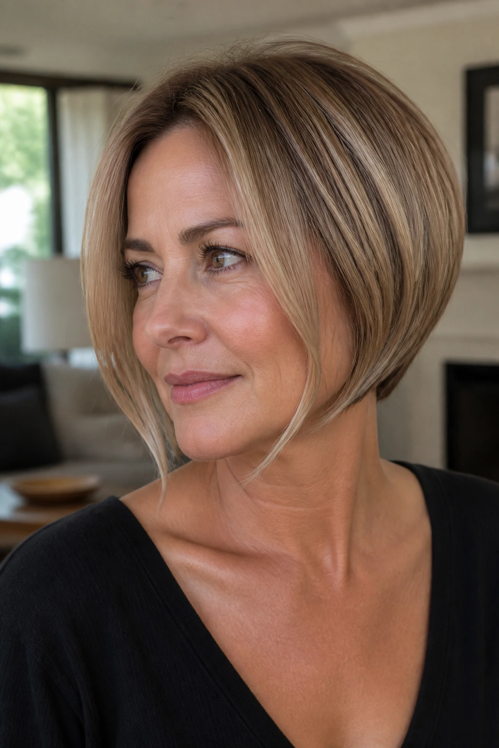 Real woman with graduated bob showing front face-framing pieces