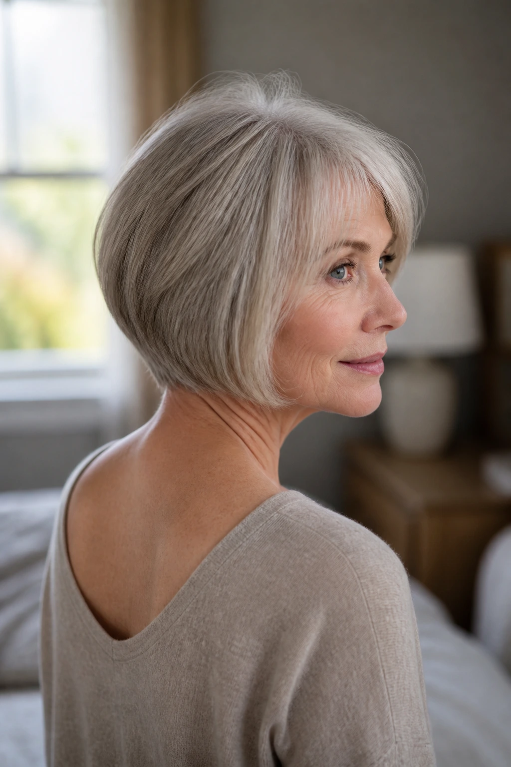 Close-up of a real woman with a graduated fine-hair bob in soft bedroom light