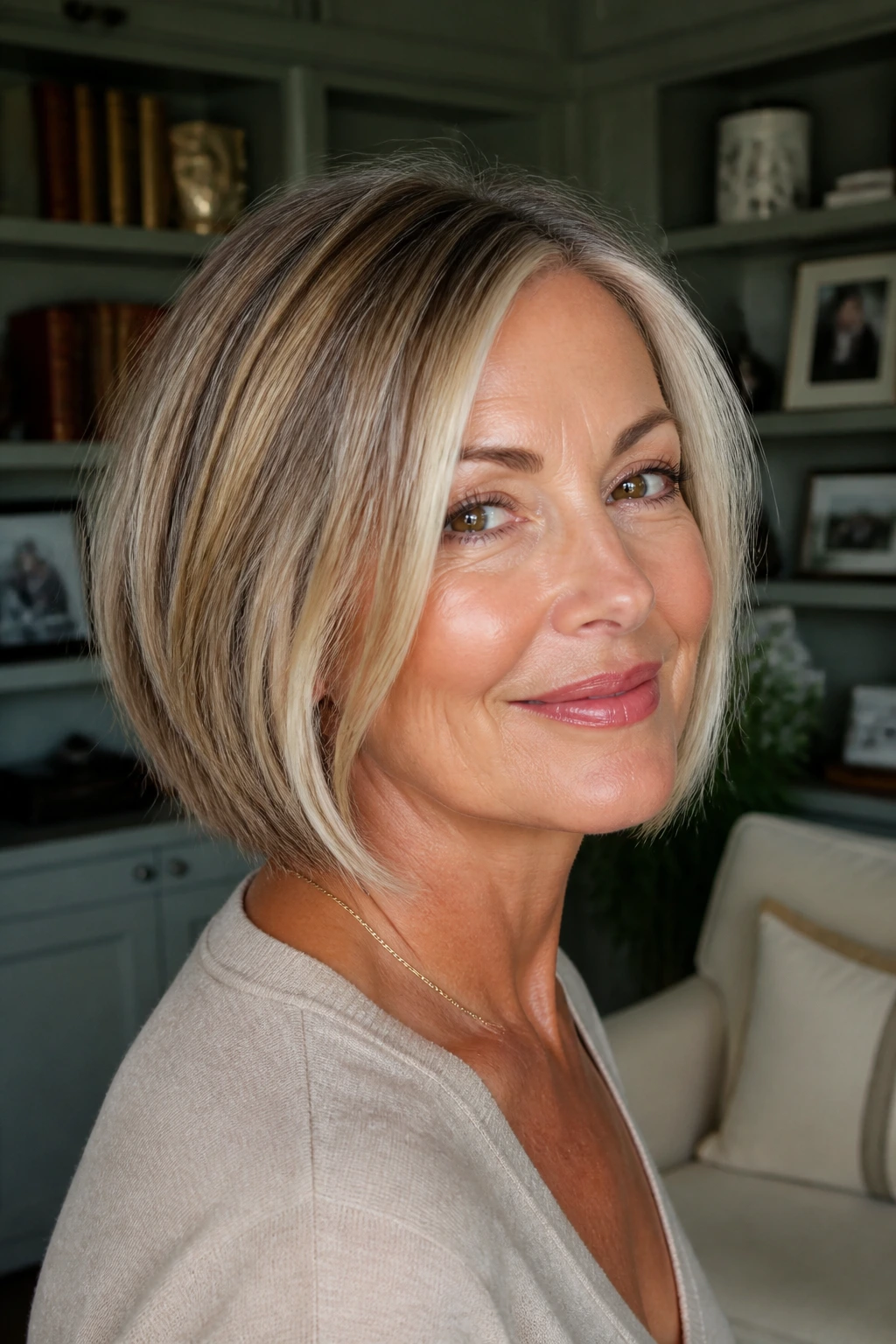 Close-up of a real woman with a graduated bob and face-framing foils under soft daylight