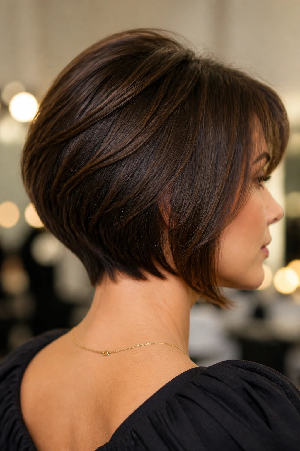 Close-up of a real woman with a graduated bob showing back stack and crown structure in a studio setting.