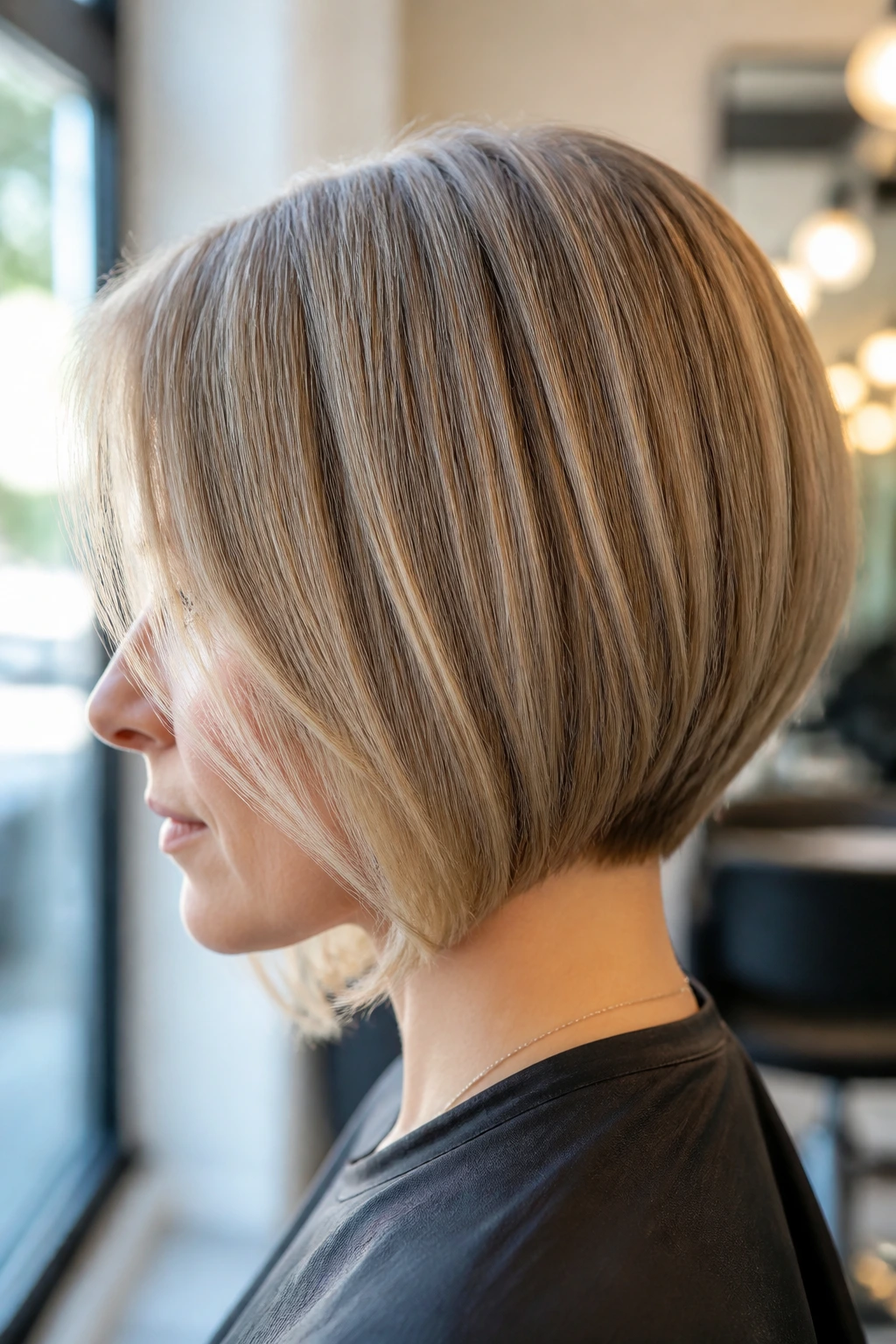 Close-up portrait of a real woman with a Graduated Bob, stacked back and crisp perimeter in straight hair