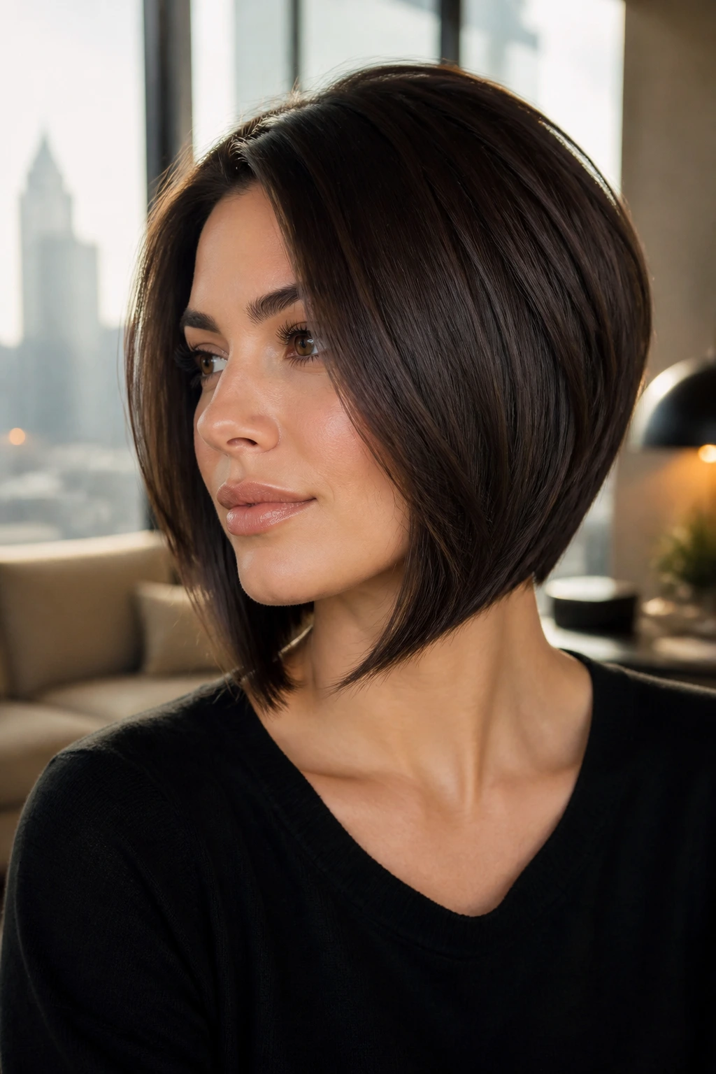 Close-up portrait of a real woman with a graduated bob haircut