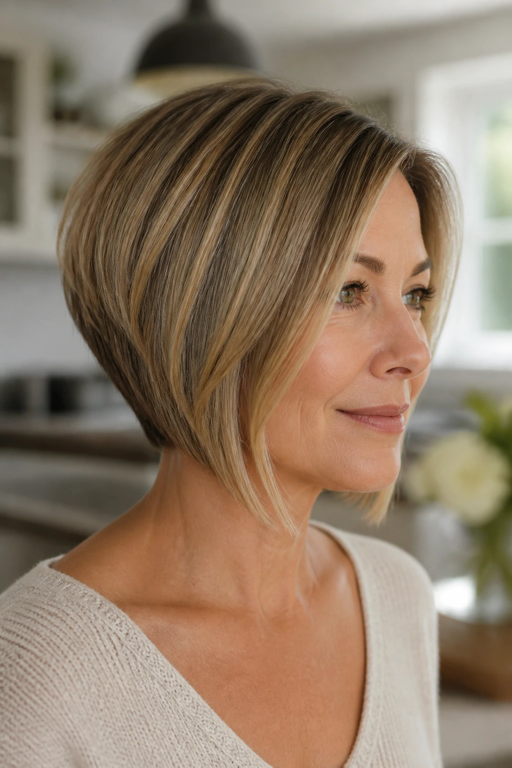 Close-up of a real woman with a graduated bob showing crown height and longer front.