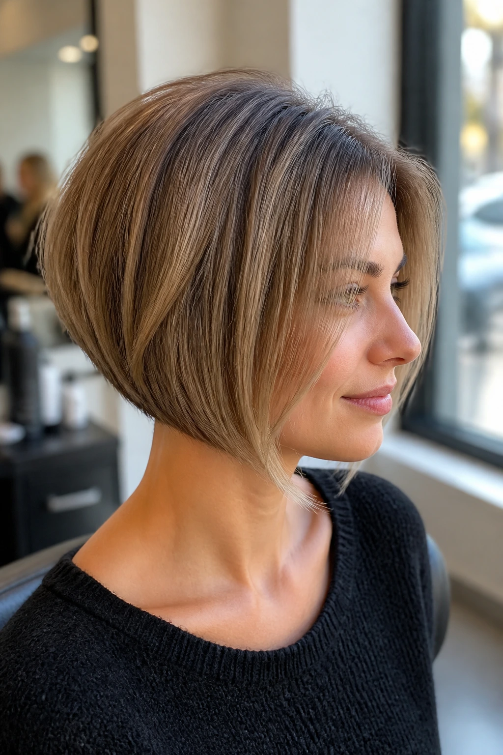 Close-up portrait of a real woman with a graduated bob showing crown fullness and stacked back