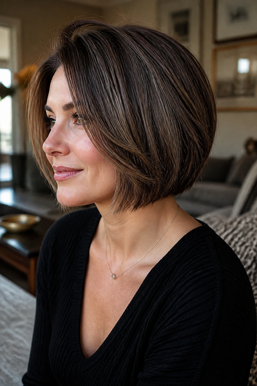 Portrait of a real woman with graduated bob and internal layers