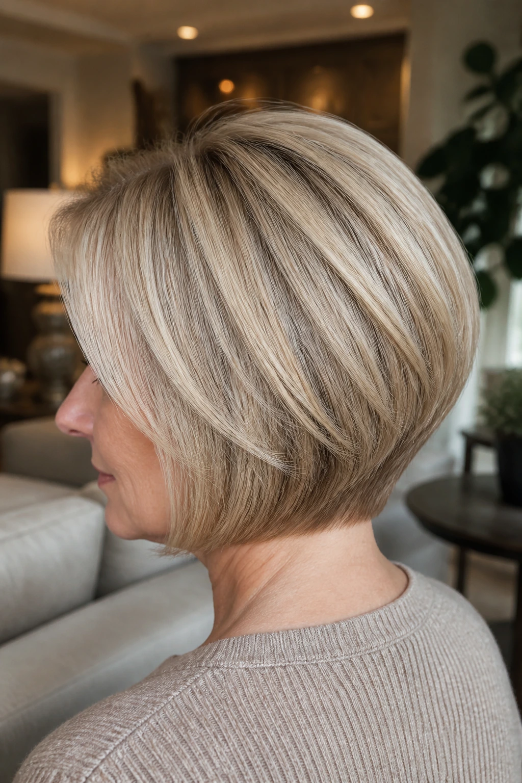 Close-up crown view of a real woman wearing a graduated bob with invisible layers