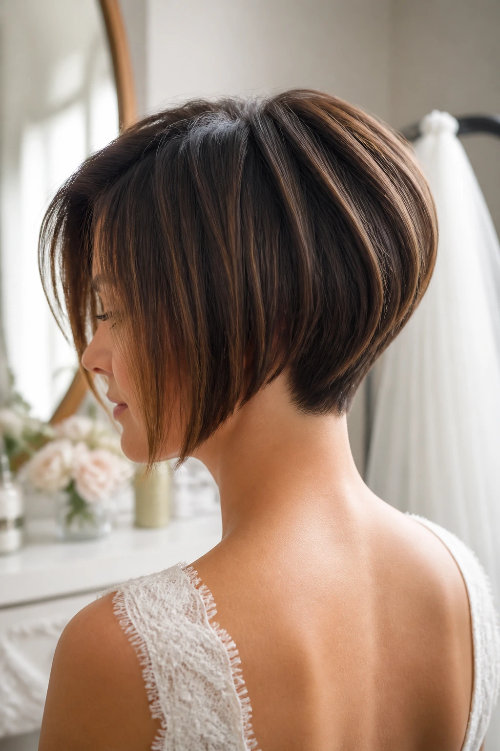 Portrait of a bride with a lifted-nape graduated bob in soft dressing room light