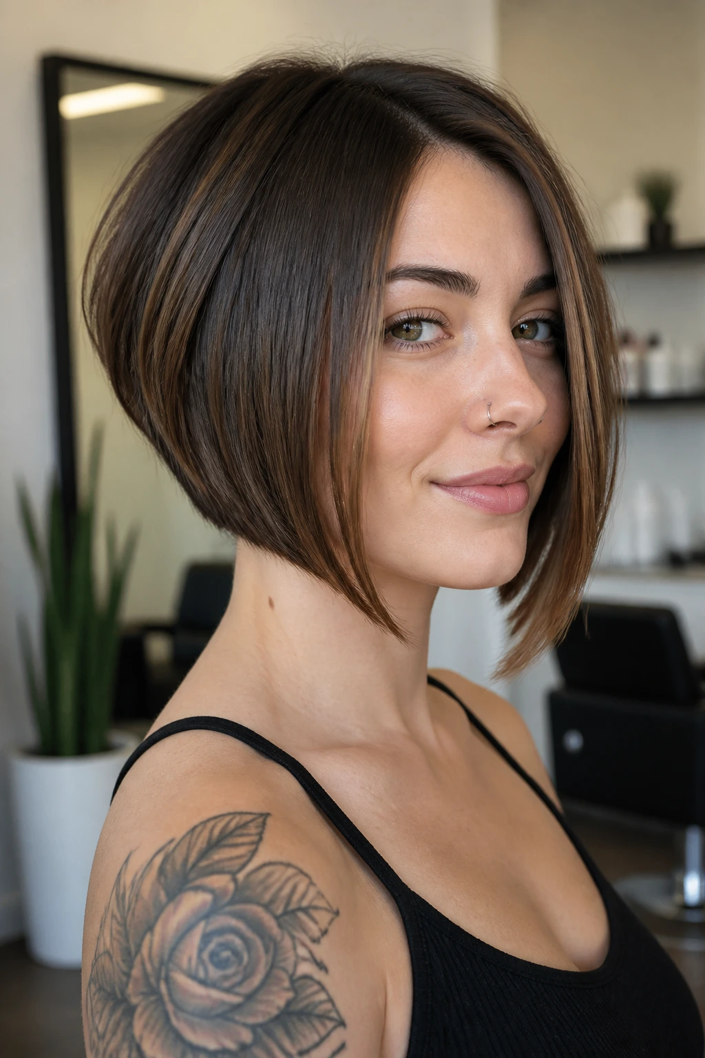 Close-up portrait of a real woman with graduated bob front length