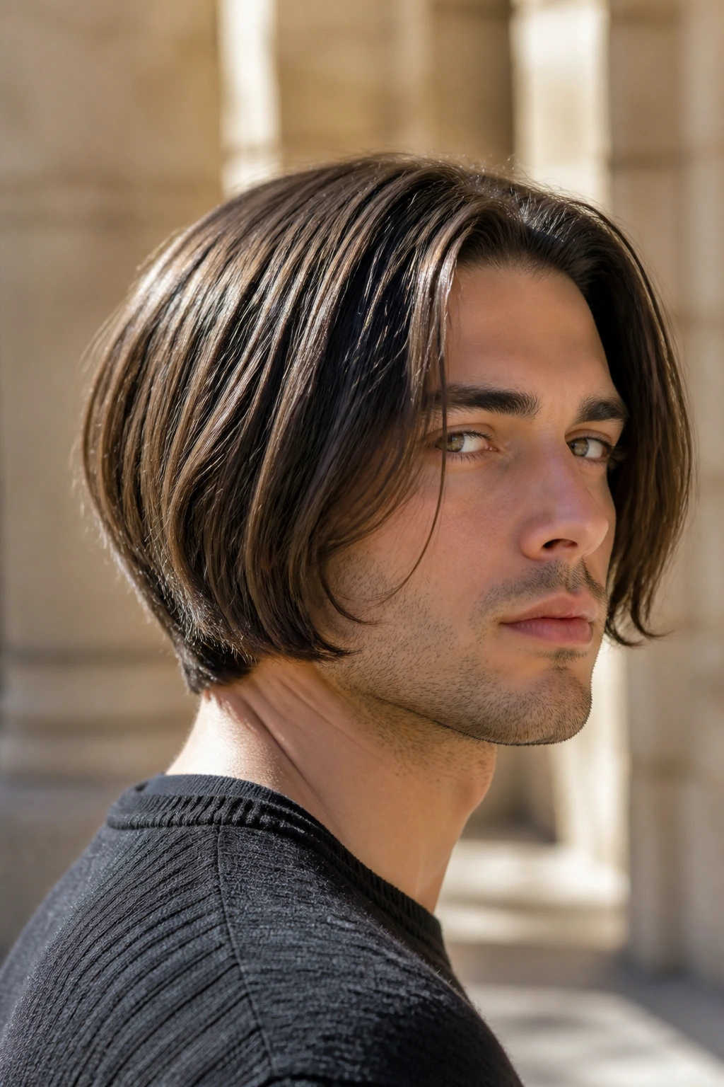 Man with graduated bob haircut, close-up portrait outdoors