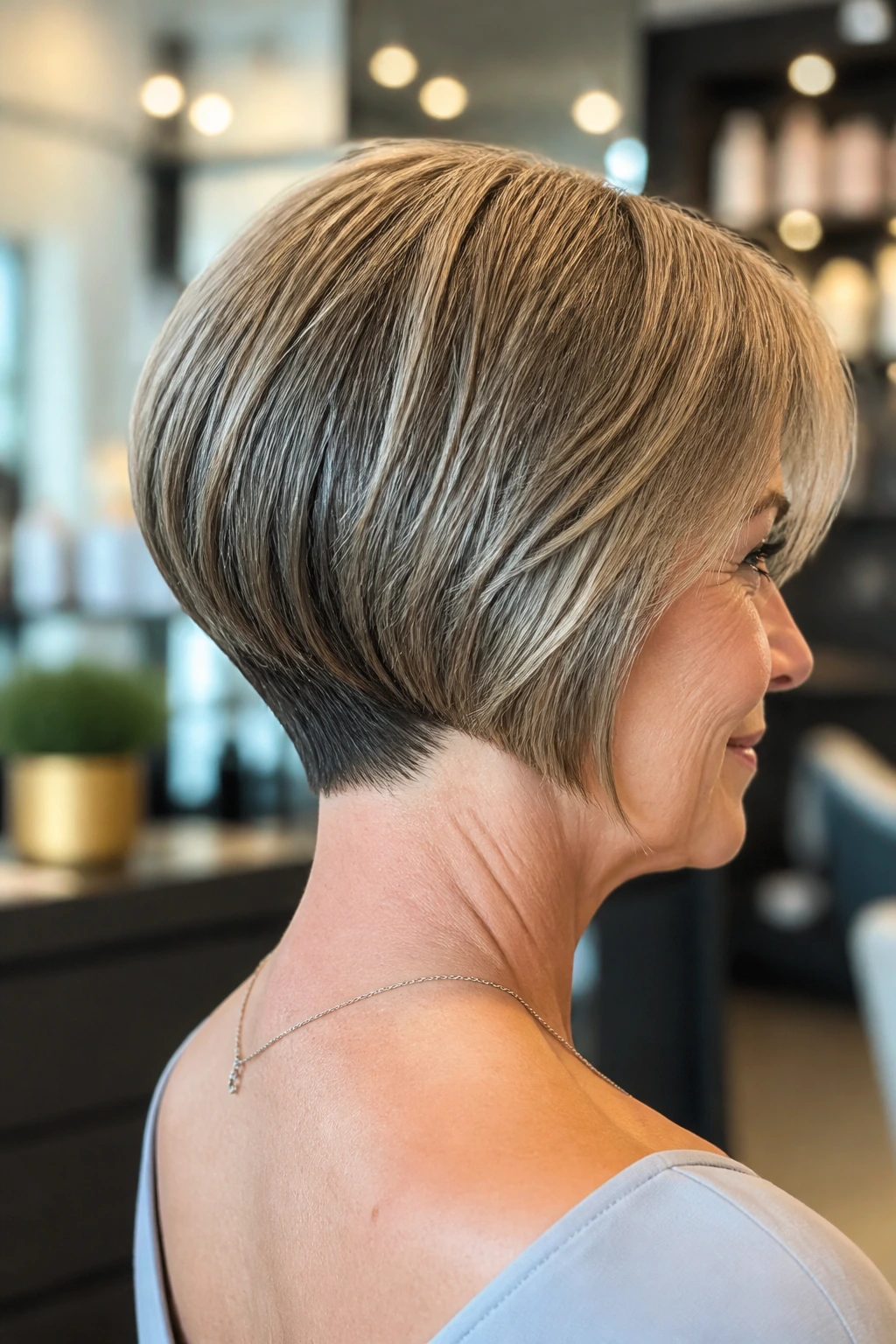 Close-up of a real woman with Graduated Bob with a Clean Nape hairstyle.