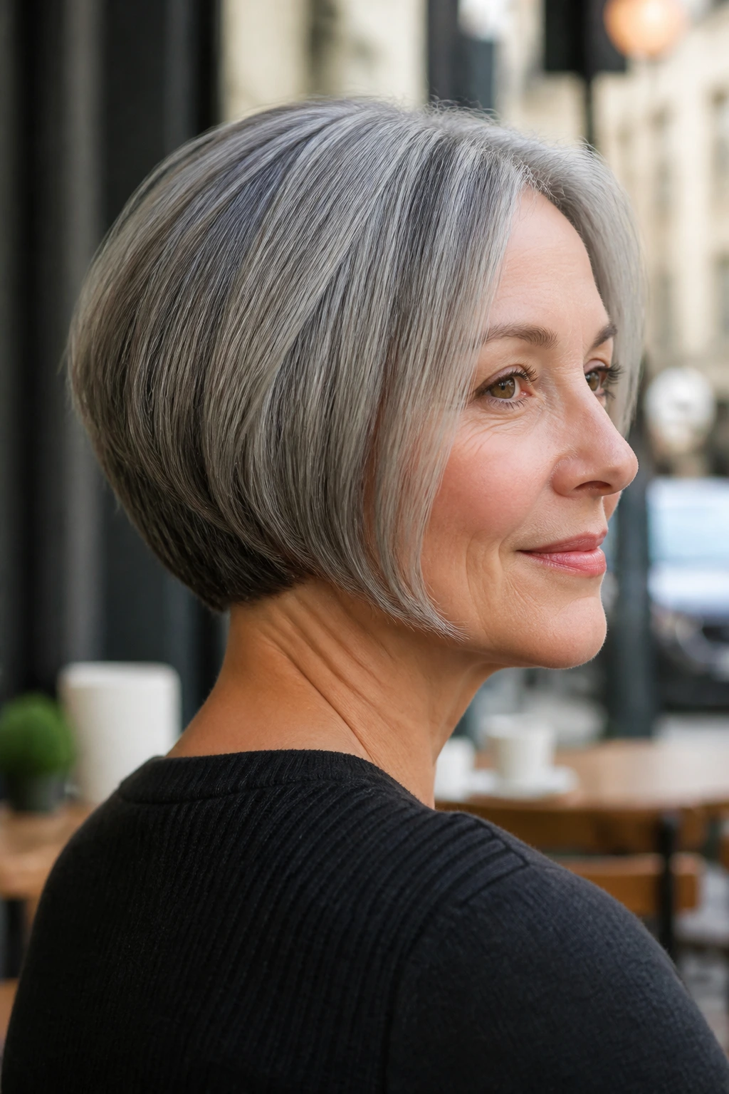 Close-up of a real woman wearing a graduated bob with nape lift.