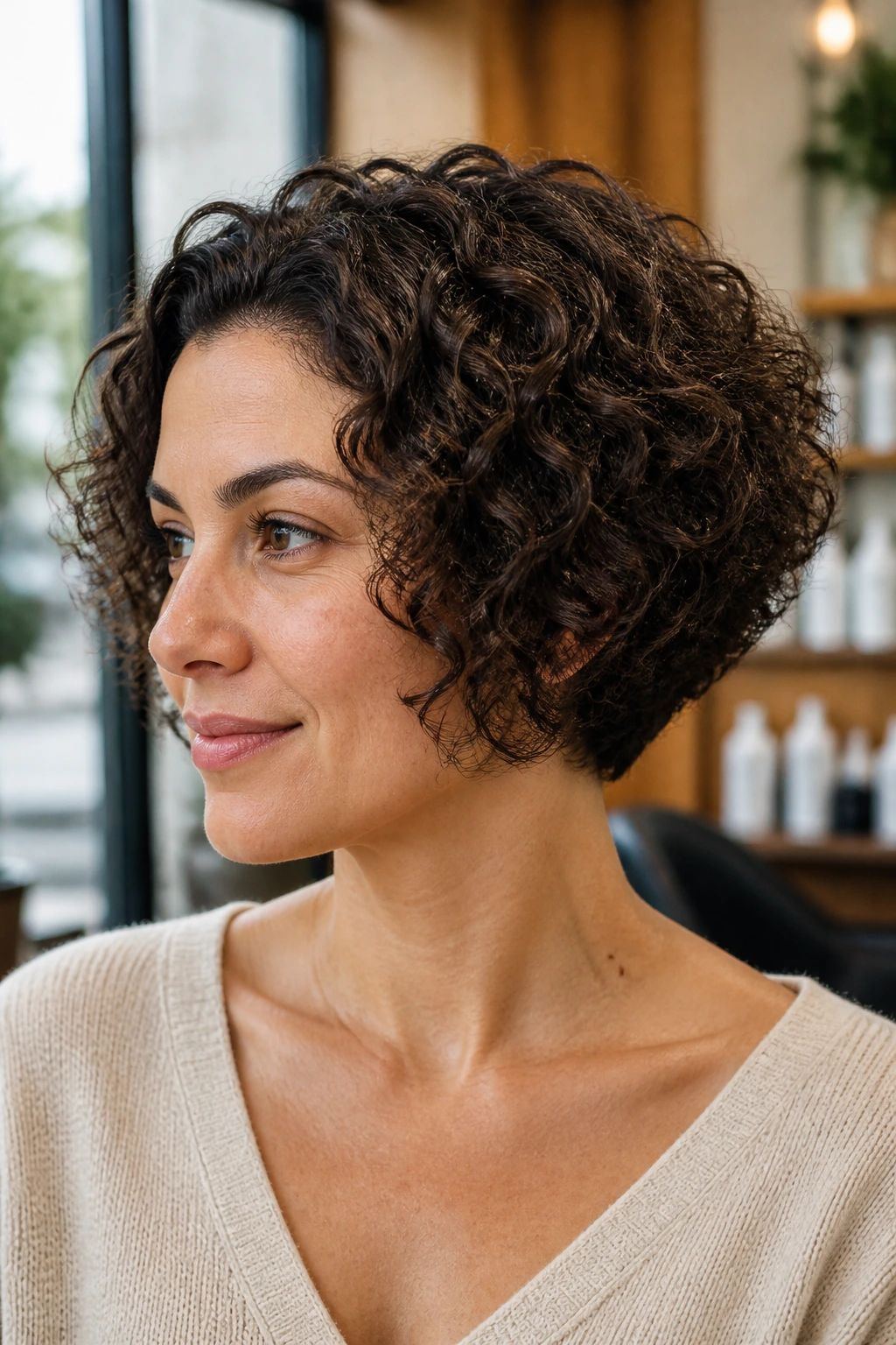 Close-up portrait of a woman with a graduated bob and nape stack in a warm salon.