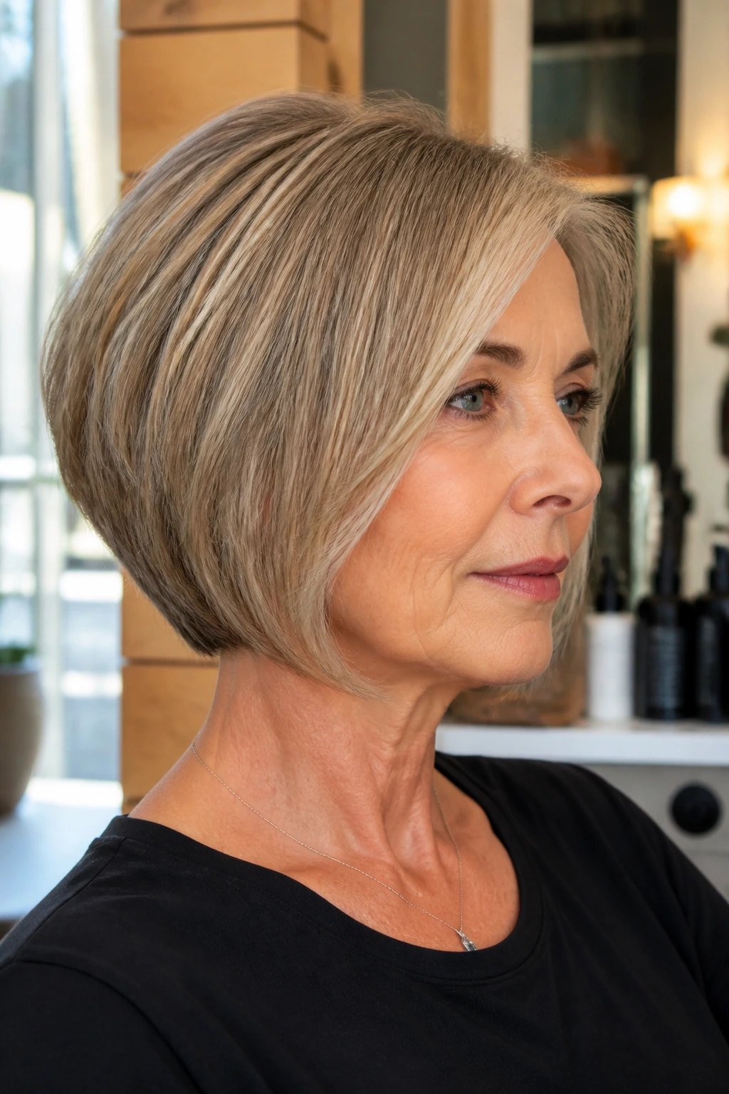 Close-up of a real woman with a graduated bob showing soft stacking at the back.