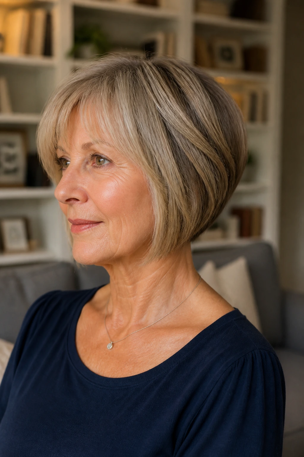 Real woman with graduated bob hairstyle in cozy living room setting