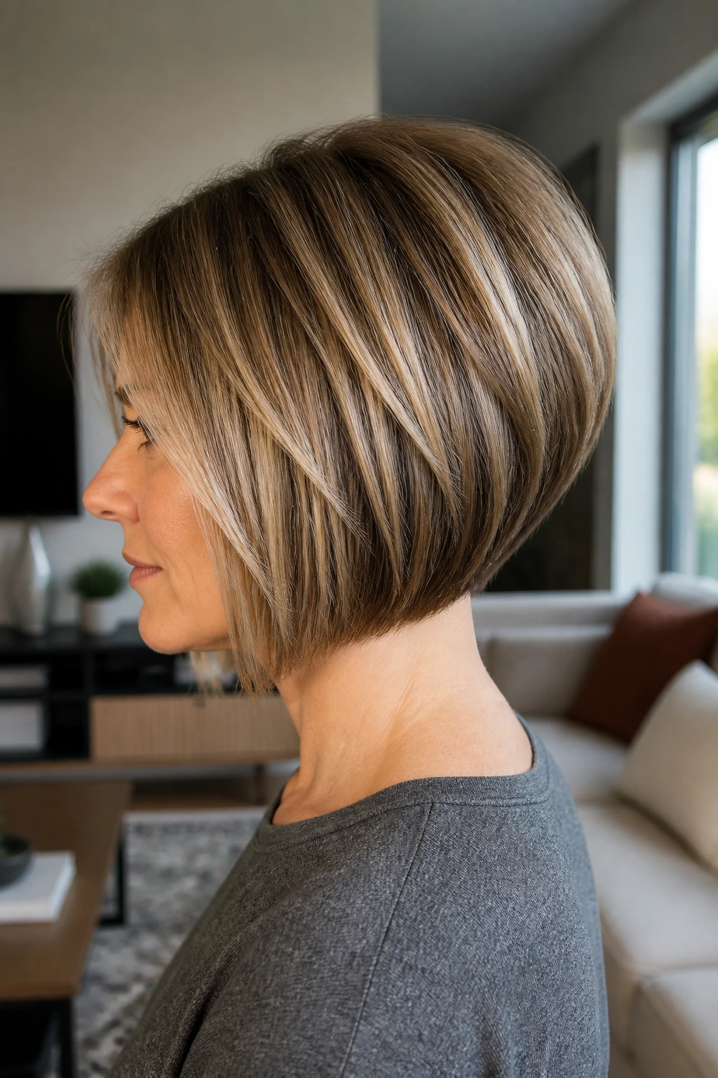 Side-profile of a woman with a graduated bob showing crown fullness.