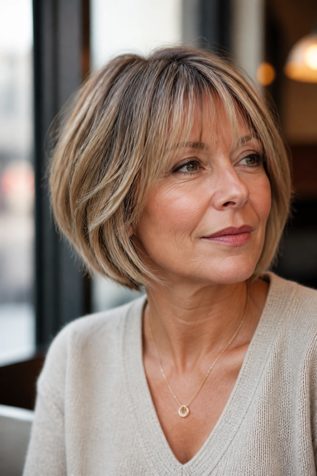 Close-up portrait of a real woman with a graduated bob and see-through bangs