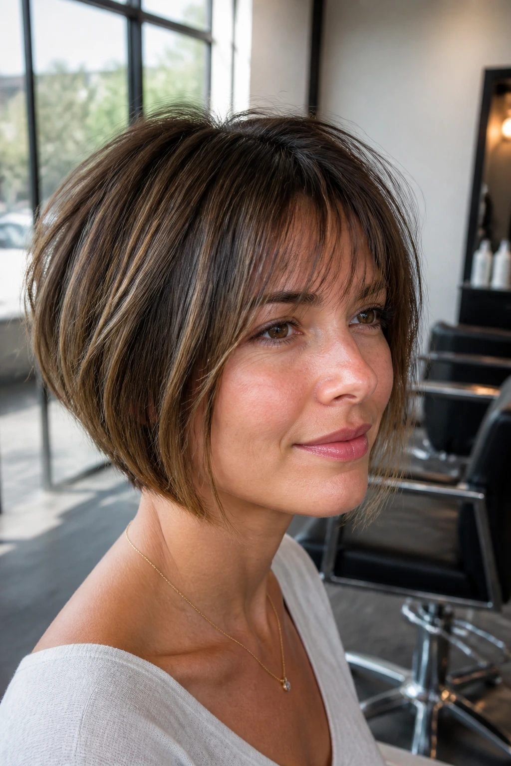 Close-up of a person with graduated bob and lightly shattered fringe in a sunlit salon