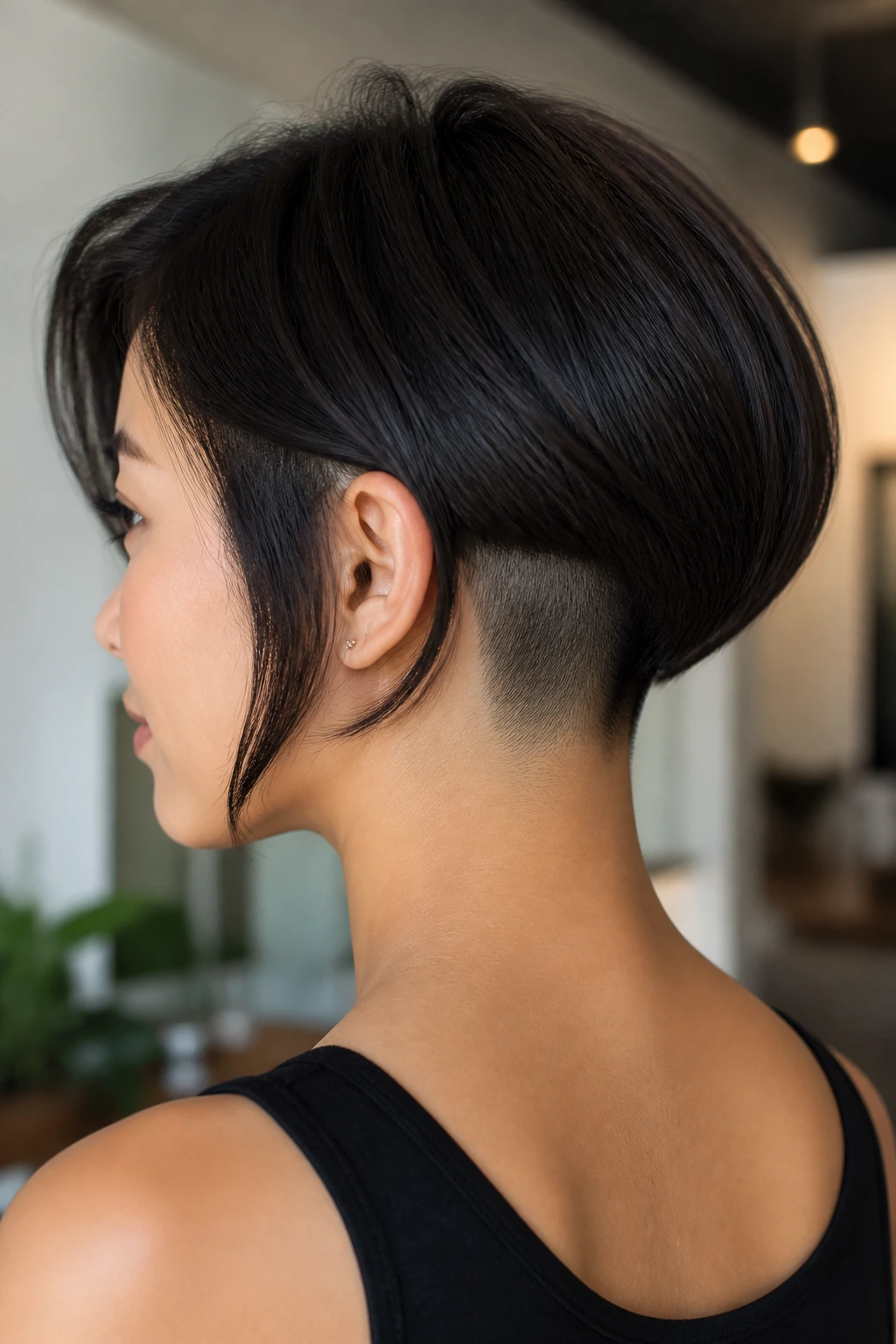 Portrait of a real woman with a graduated bob and shaved underlayer at the back.