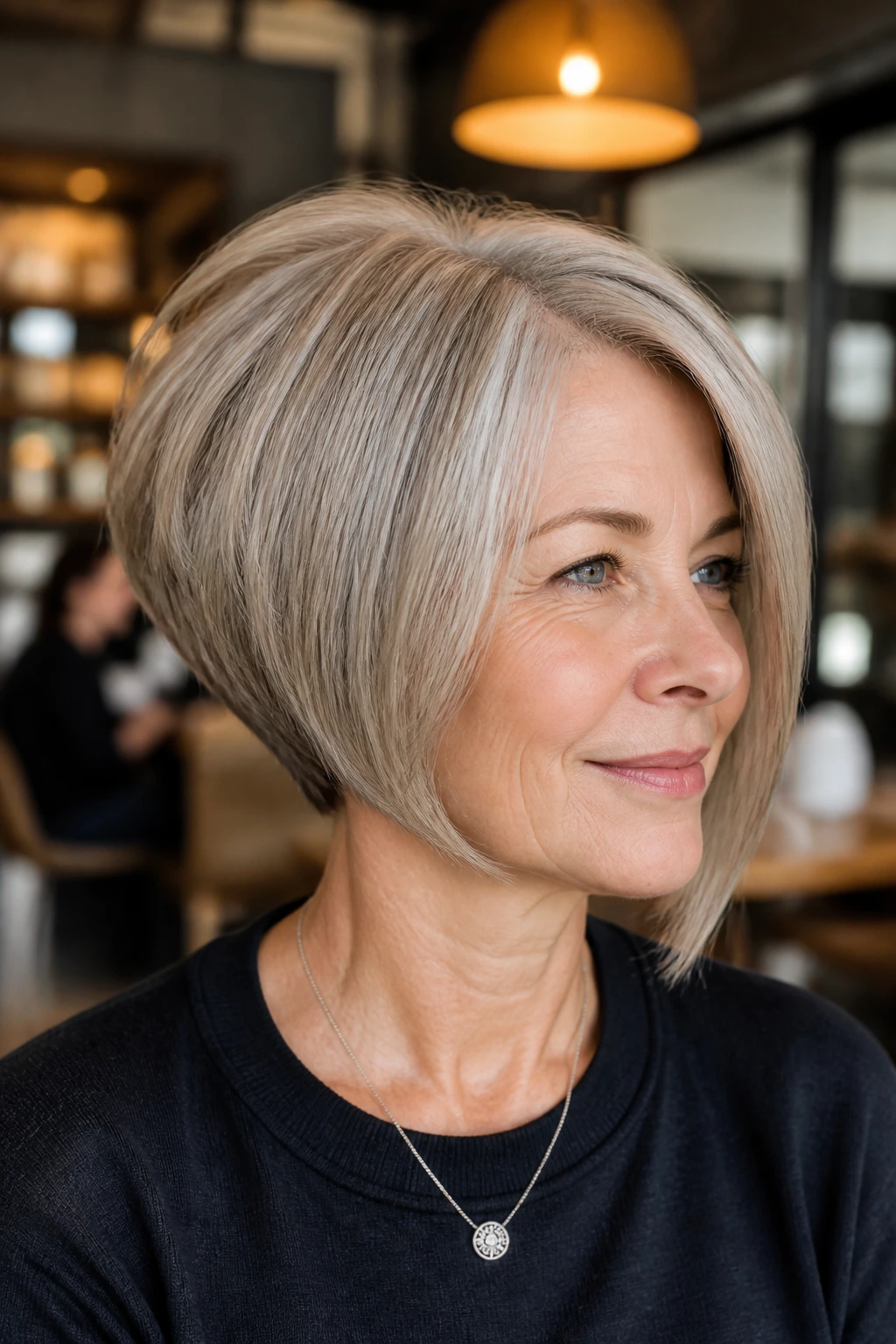 Portrait of a woman with a graduated bob showing lifted back and soft front.