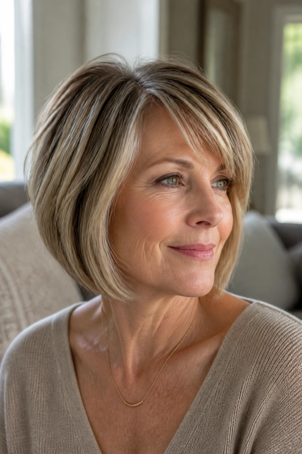 Portrait of a real woman with graduated bob and light side fringe in natural light