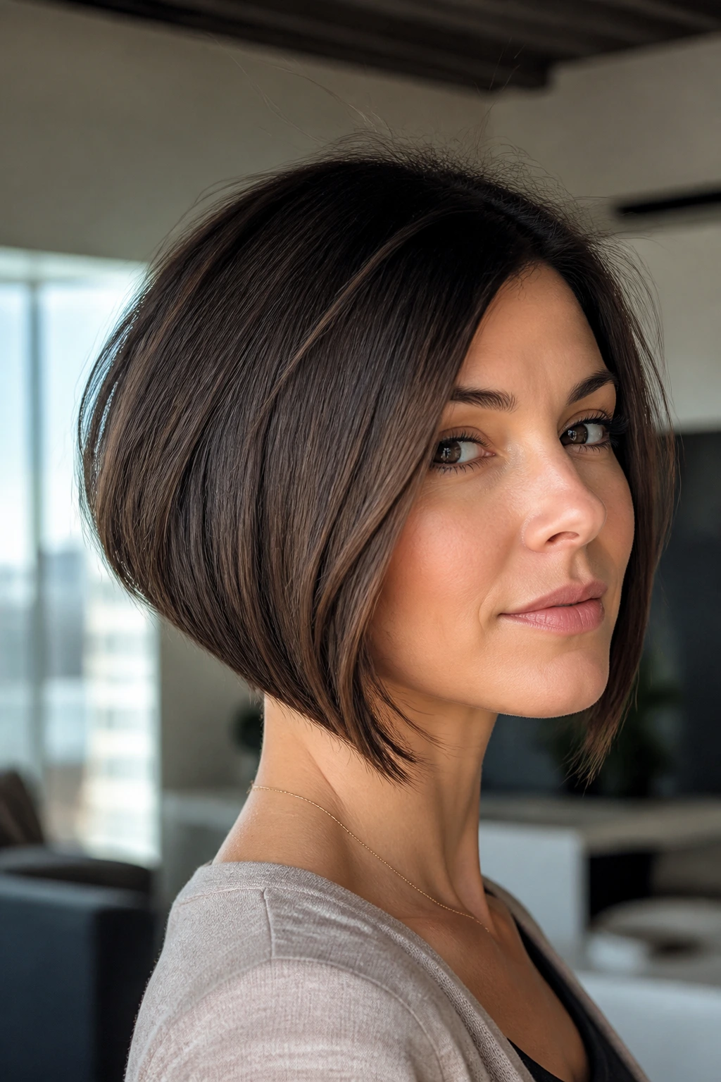 Portrait of a woman with a graduated bob showing back-weighted silhouette.