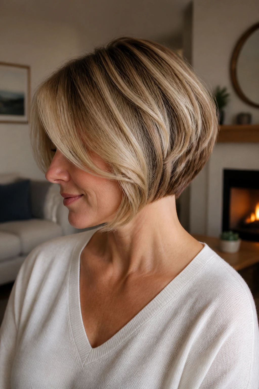 Close-up portrait of a real woman with graduated bob and soft front sweep