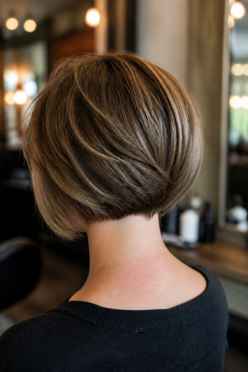 Portrait of real person with graduated bob and soft nape stack, back view.