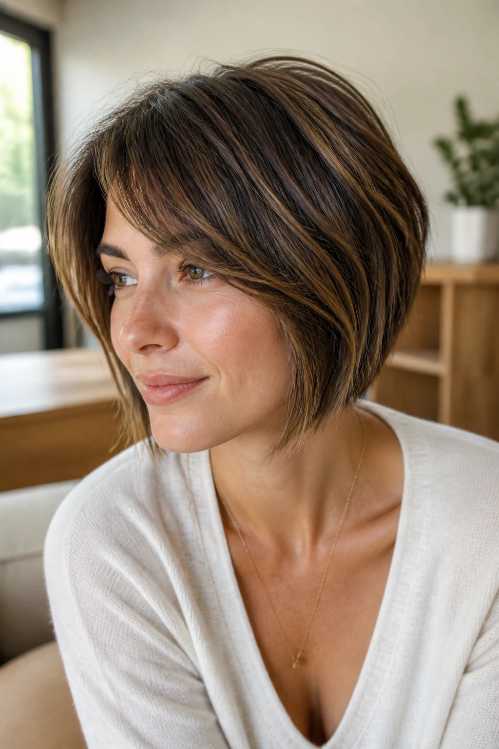 Real person with graduated bob and soft side fringe in warm daylight living room