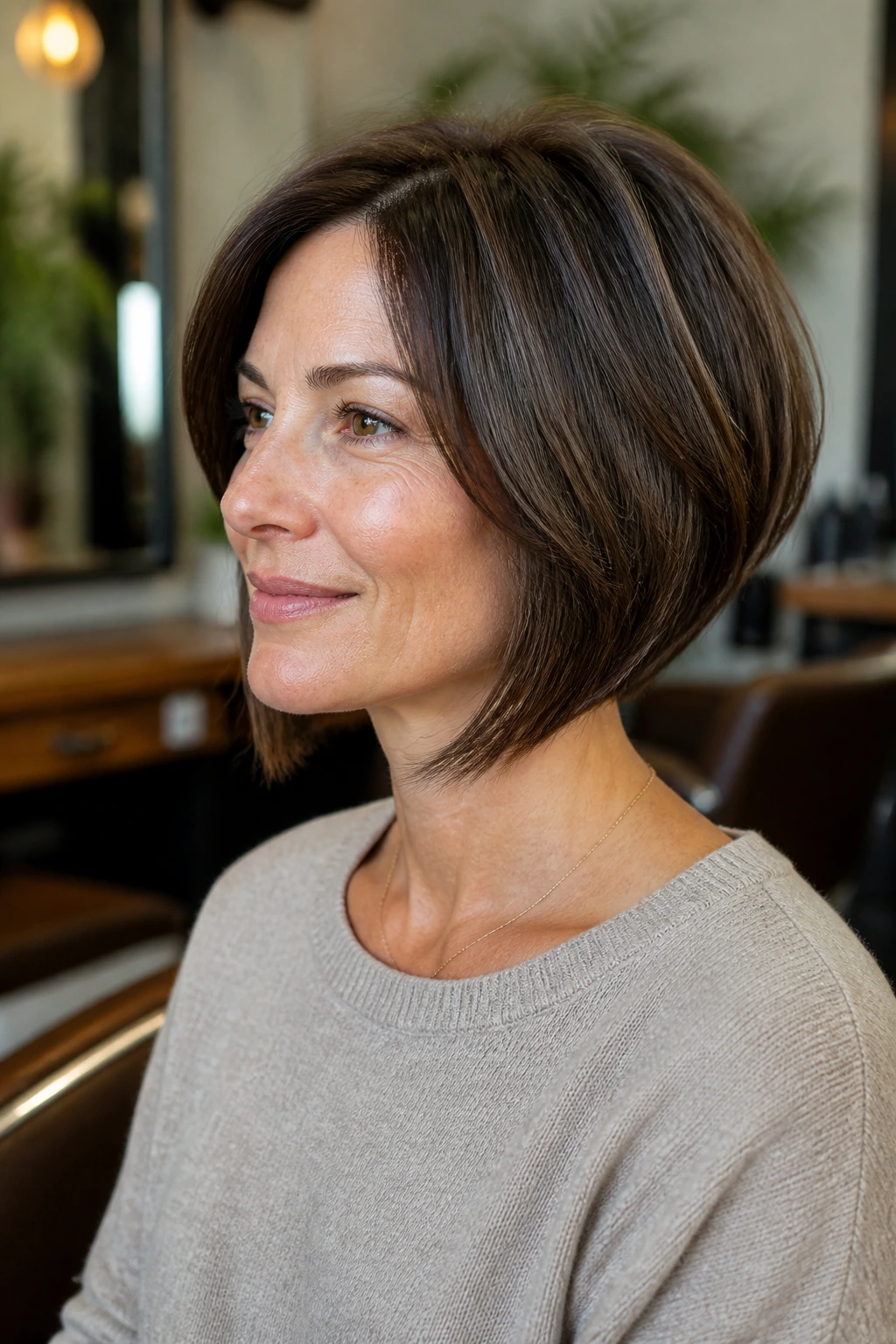 Close-up portrait of a real woman with a graduated bob featuring a soft stack and longer front pieces.