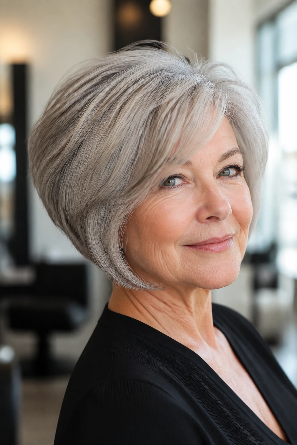 Real woman with graduated bob and soft volume at the crown.