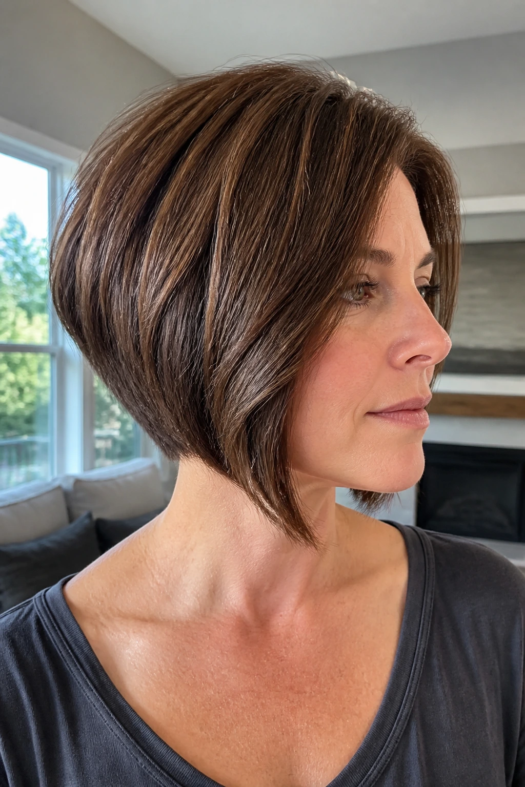 Close-up portrait of a real woman with a graduated back bob
