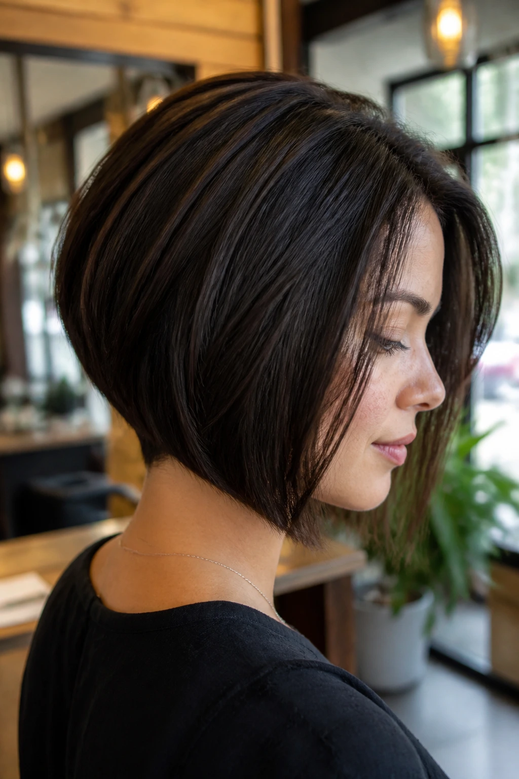 Close-up portrait of a real woman with graduated bob and tapered nape in a salon