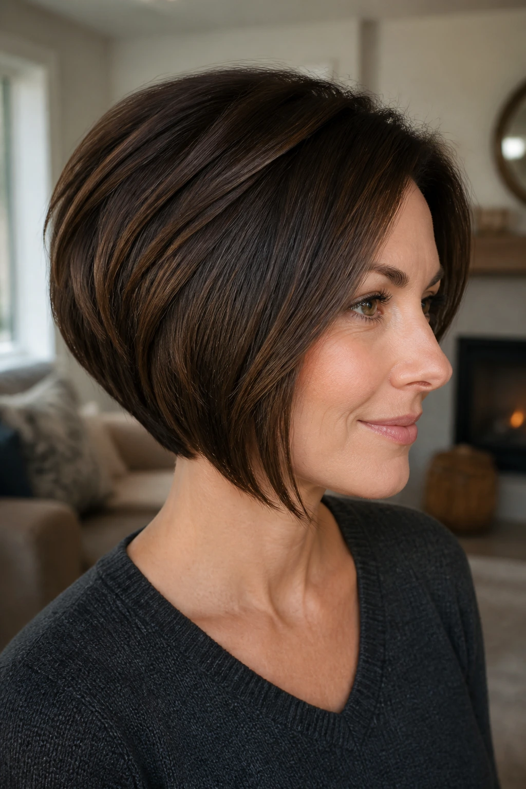 Close-up of a real woman with a graduated bob for thick hair