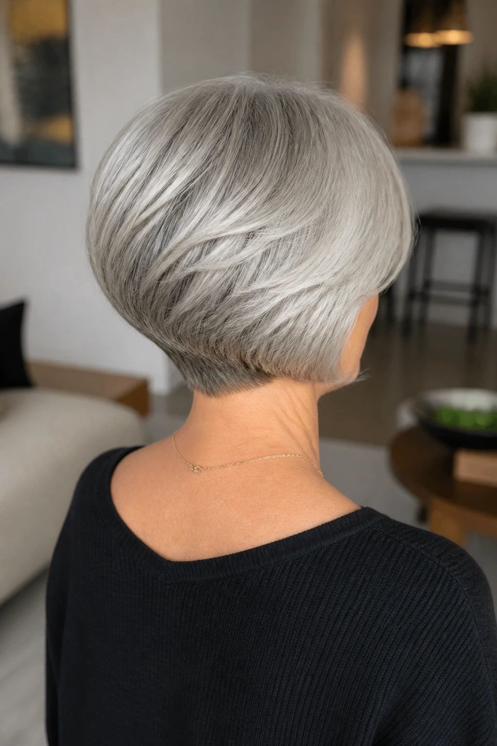 Rear three-quarter portrait of a person with graduated bob for thick silver hair