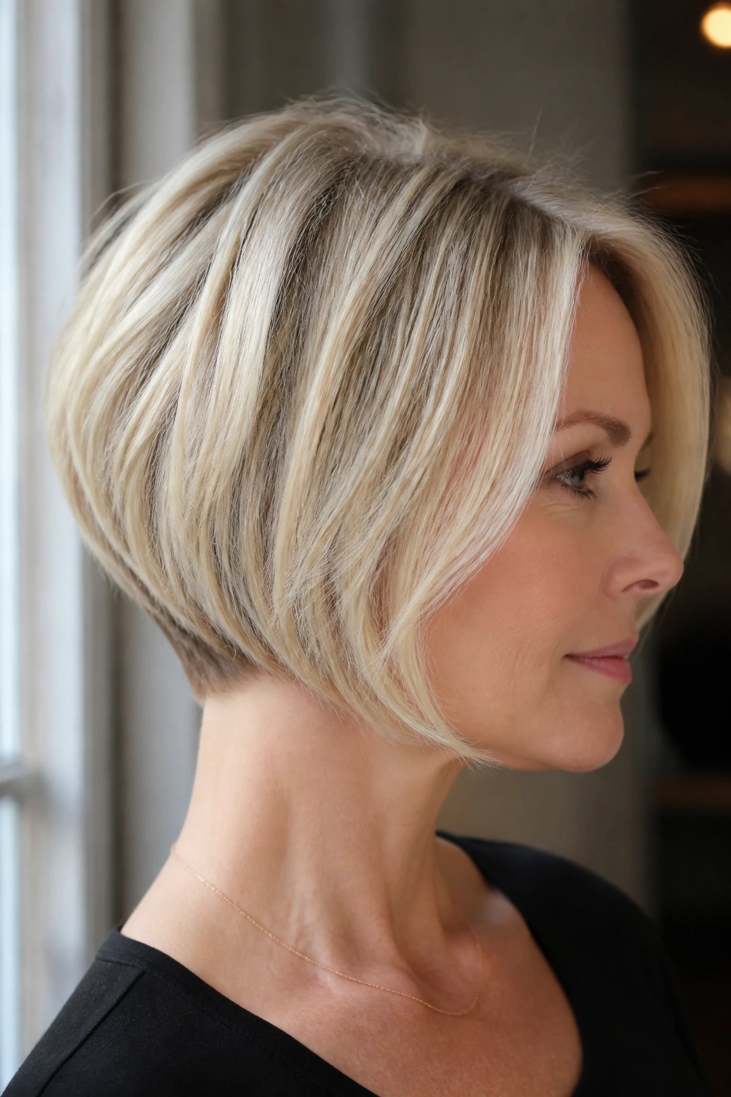 Real woman with a graduated stacked bob and tucked nape, bright top layers