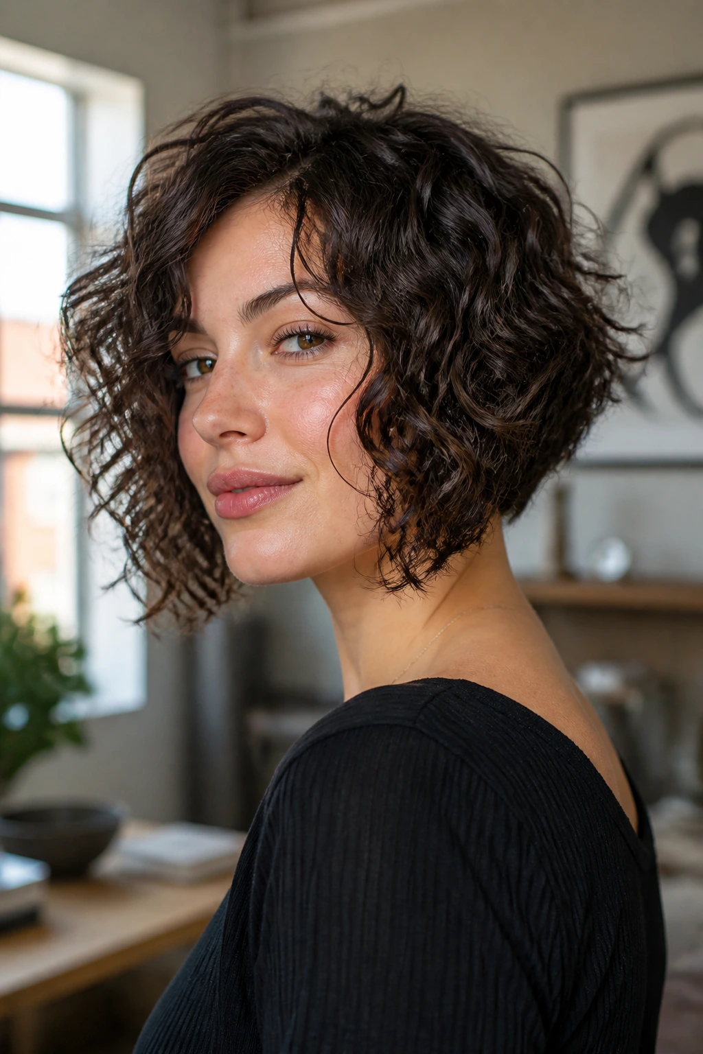 Real woman with graduated curly bob showing back shorter front longer length
