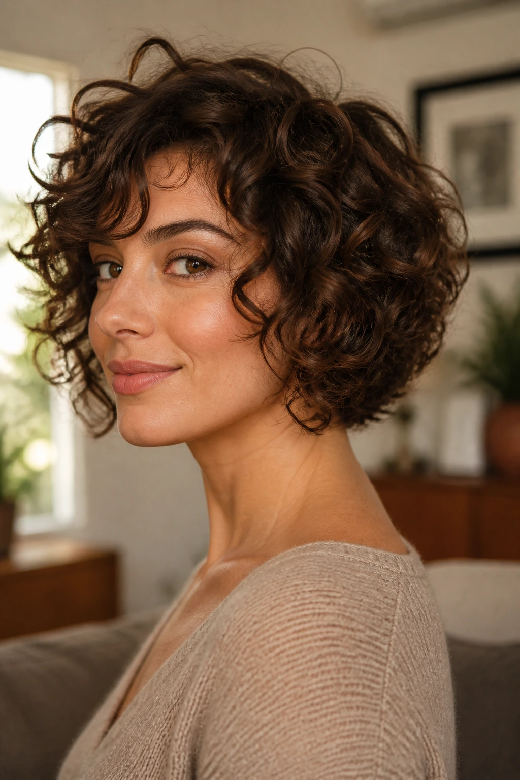 Close-up portrait of a real woman with a graduated curly bob showing lifted nape and soft front curls, natural window light.