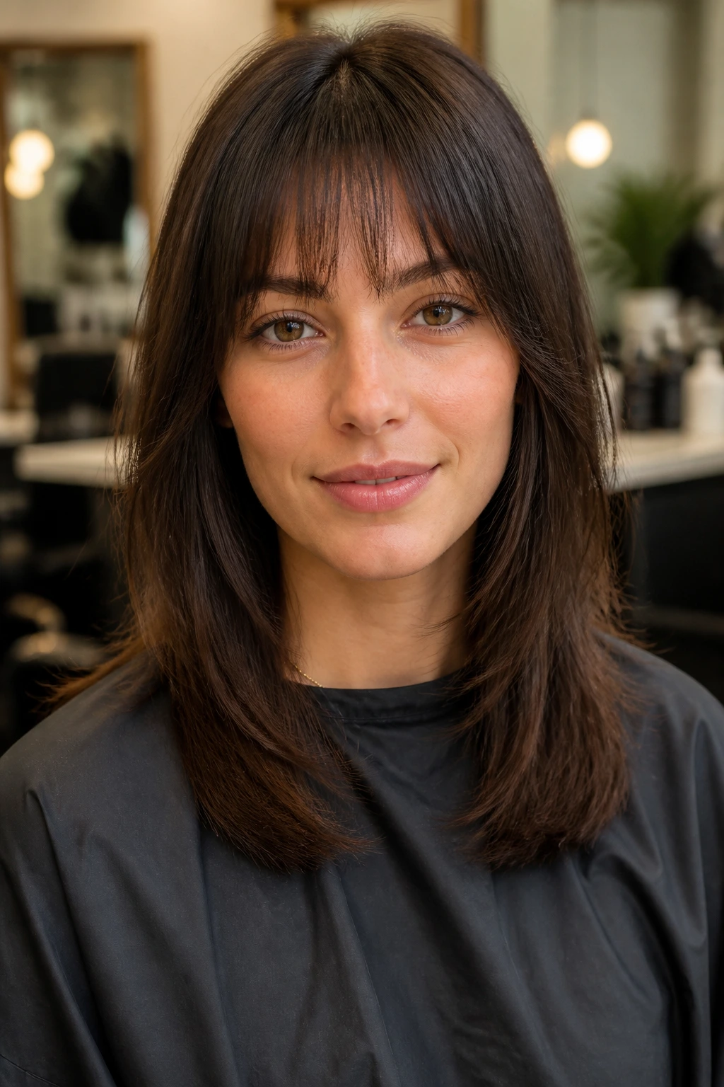Close-up of a real person with graduated fringe showing a soft arc