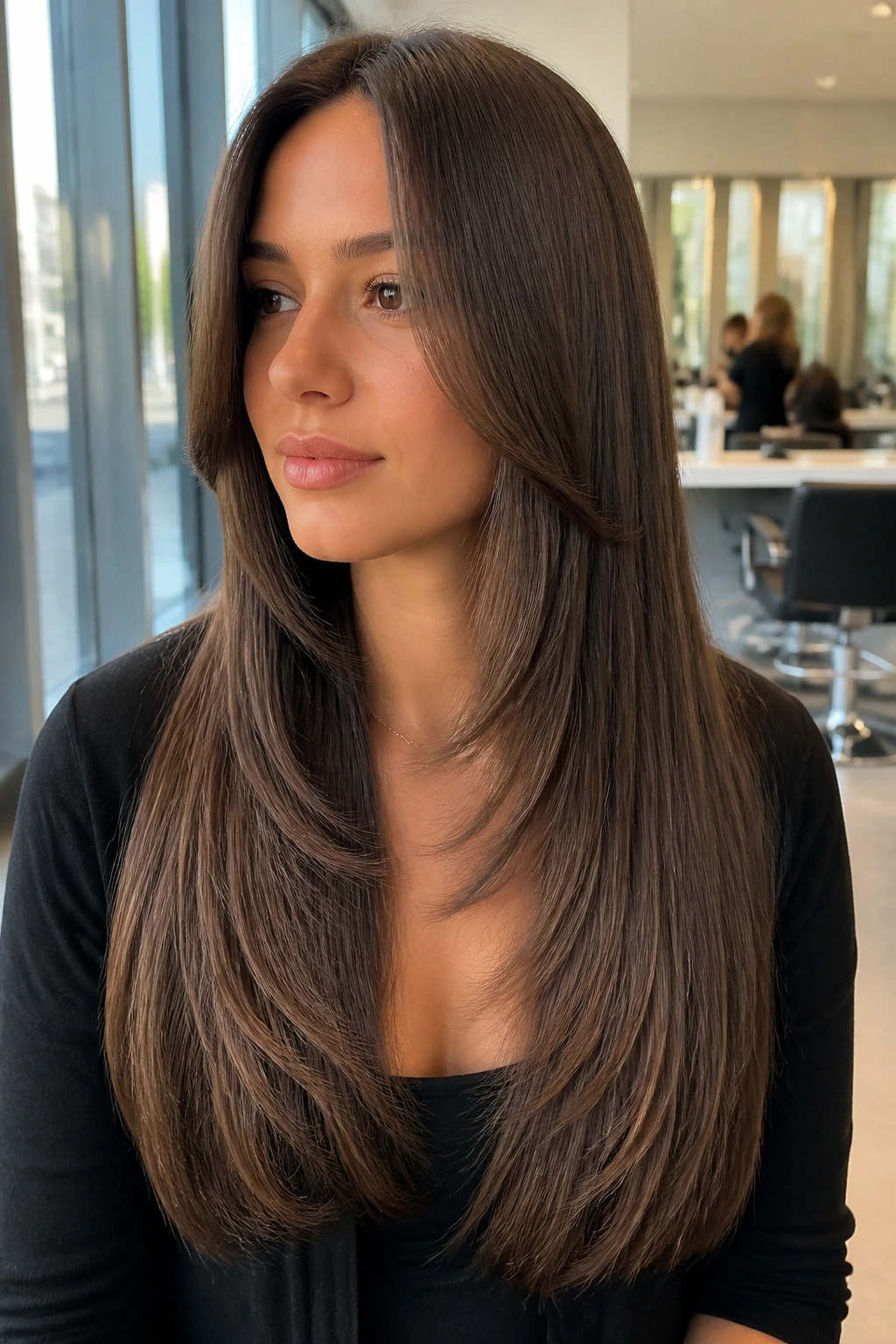 Real woman with graduated front pieces framing her face in a bright salon setting
