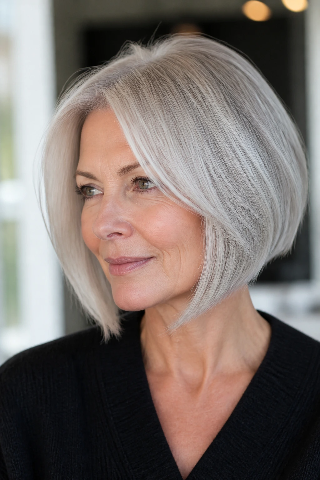 Real woman with graduated gray lob for fine hair.