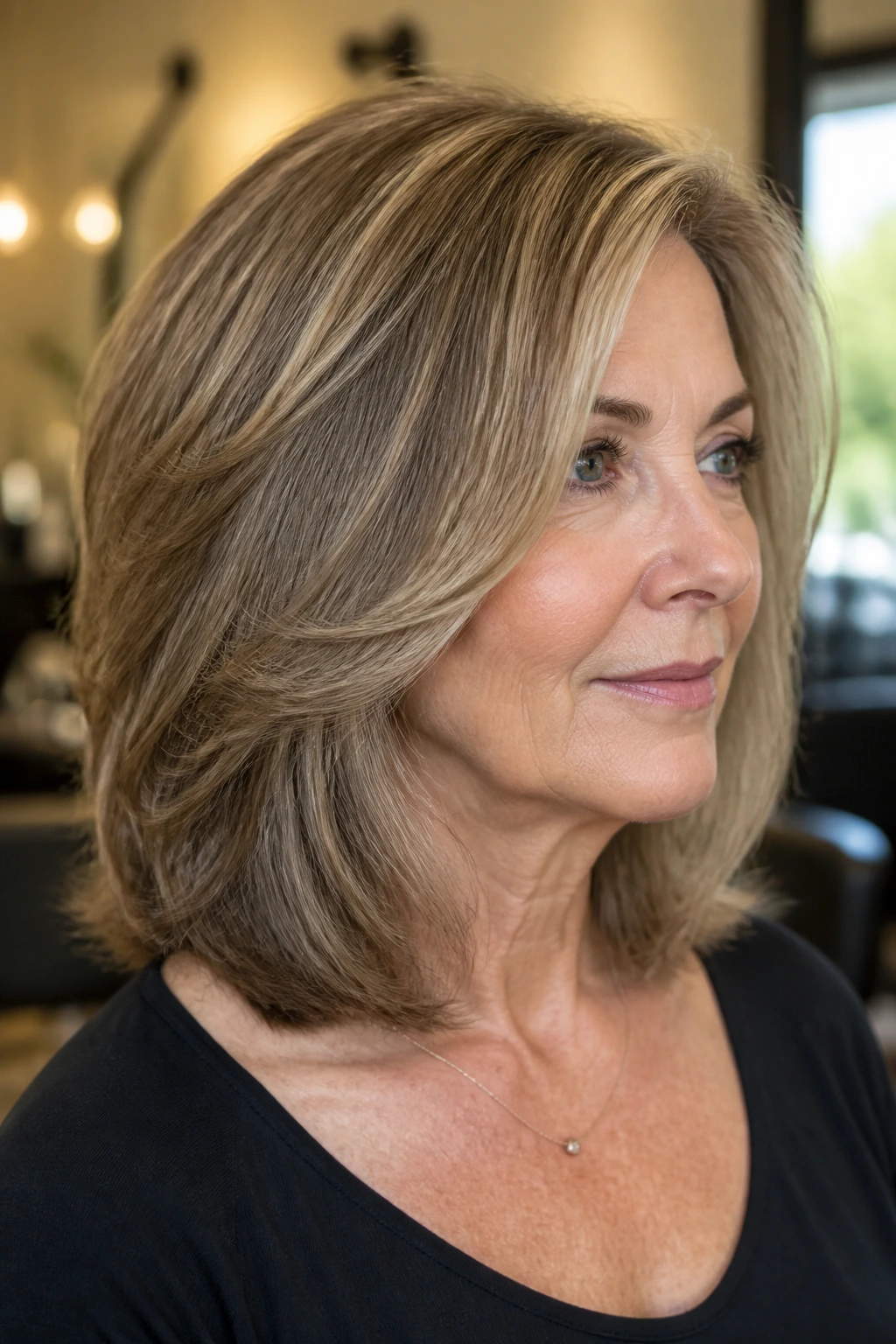 Close-up of a real woman with medium-length hair showing graduated layers at the back for lift in a salon setting.