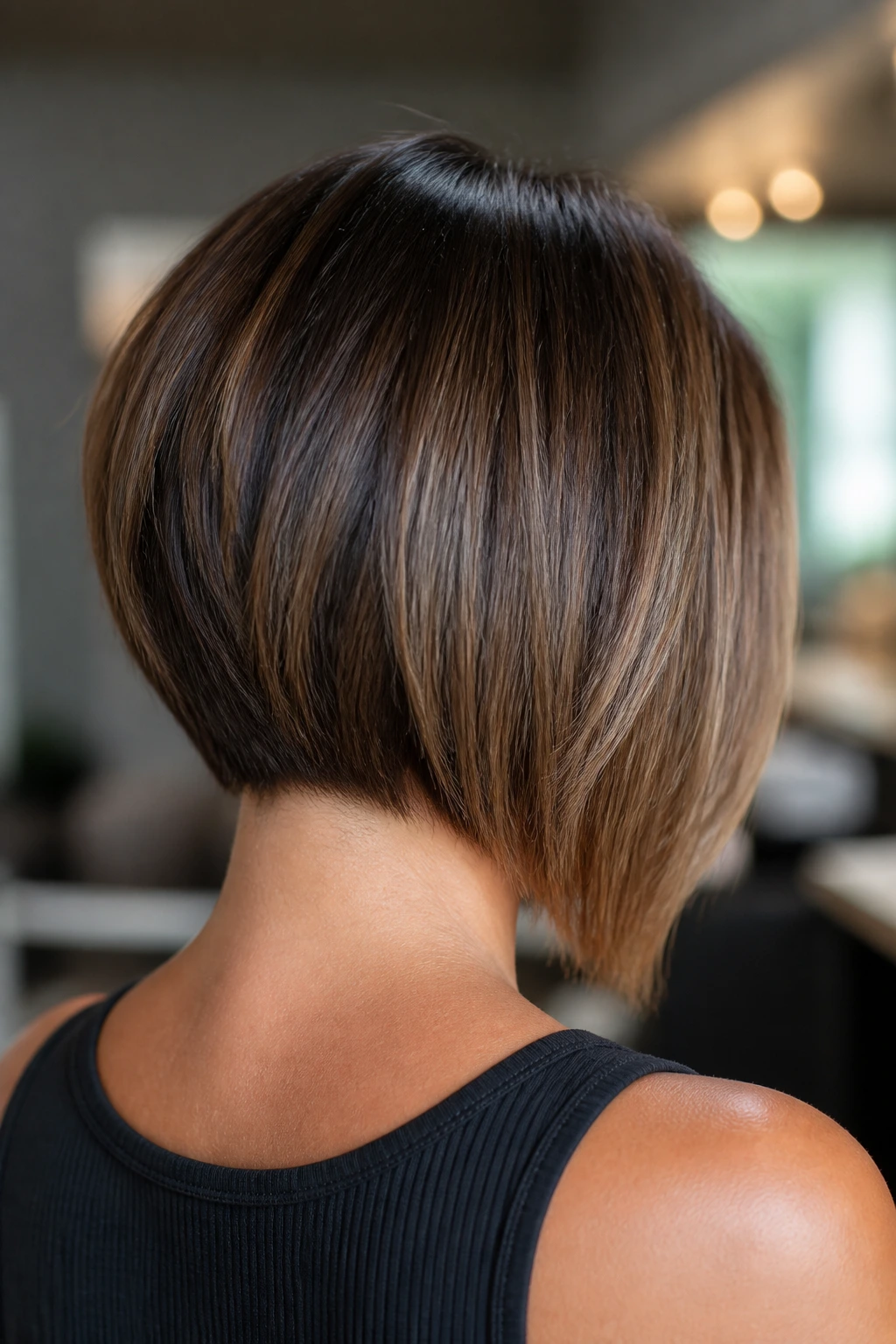 Three-quarter view of a real woman showing a graduated lob at the nape