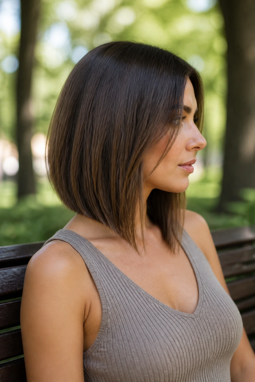 Profile of a woman with graduated lob showing shorter nape and longer front