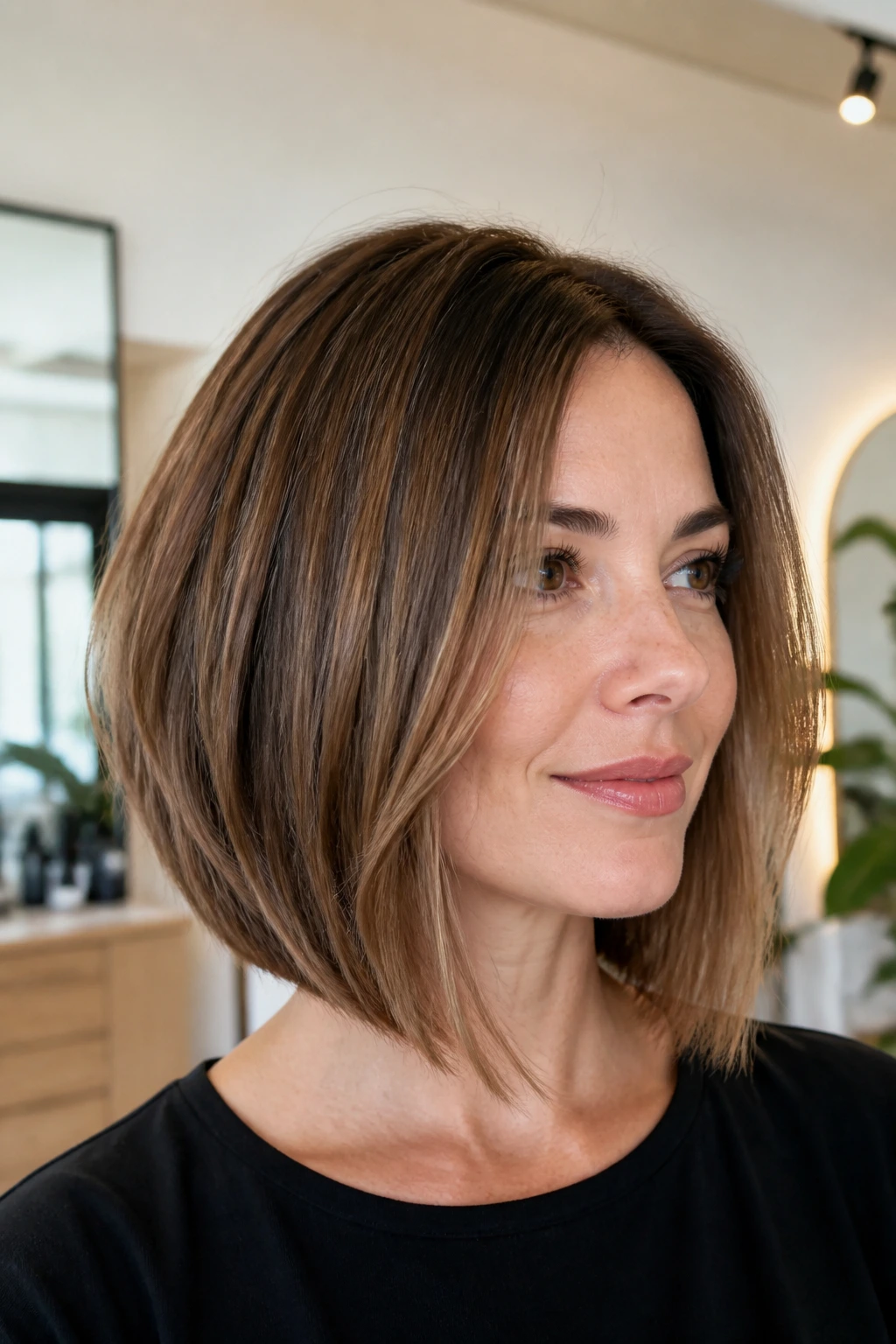 Close-up portrait of real woman with subtle graduated lob for added structure