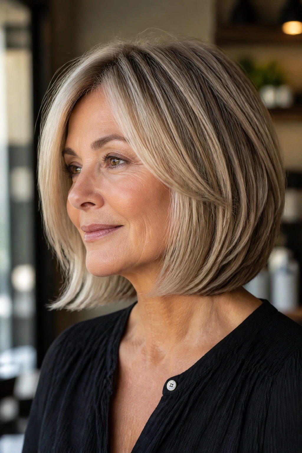 Close-up of a real woman with a graduated lob and hidden layers, warm window light